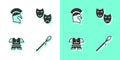 Set Medieval spear, Greek helmet, Body armor and Comedy and tragedy masks icon. Vector