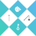 Set Medieval spear, Old key, iron helmet and chained mace ball icon. Vector