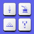 Set Medieval sword, Anvil and hammer, Gold bars and Hammer icon. White square button. Vector