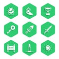 Set Medieval sword, Burning candle in candlestick, Magic stone, Dagger, scroll, wand, goblet and ball icon. Vector Royalty Free Stock Photo