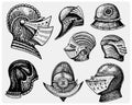 Set of medieval symbols Battle Helmets for knights or kings, vintage, engraved hand drawn in sketch or wood cut style