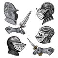Set of medieval symbols Battle Helmets for knights or kings, vintage, engraved hand drawn in sketch or wood cut style