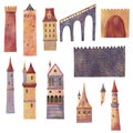 Set of medieval towers, castles, bridge and walls.