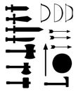 Set of medieval weapons. Antique swords, axes, spear, bows, arrows, shield. Black arms on white background. Vector isolated elemen Royalty Free Stock Photo