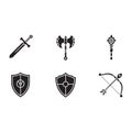 Set of medieval weapons sword battleaxe magical staff shield bow vector template Royalty Free Stock Photo
