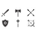 Set of medieval weapons sword battleaxe shield crossed arrows bow vector illustration Royalty Free Stock Photo