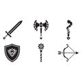 Set of medieval weapons sword battleaxe shield magical staff bow vector drawing Royalty Free Stock Photo