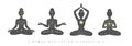 Set of meditating woman silhouettes with outer space, universe, sun, moon, stars and planets inside. Royalty Free Stock Photo