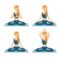 Set of meditating women. Girls in lotus position practicing yoga, vector illustration