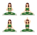 Set of meditating women. Girls in lotus position practicing yoga, vector illustration