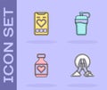 Set Meditation, Mobile with heart rate, Vitamin pill and Fitness shaker icon. Vector