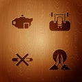 Set Meditation, Teapot with cup, No Smoking and Bench barbel on wooden background. Vector