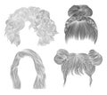 Set Medium woman hairs . drawing sketch . women fashion beauty style.. fringe curls cascade Disheveled care plai