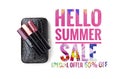 Set of mega shine lip gloss with hello summer banner and sale promotion on white background Royalty Free Stock Photo