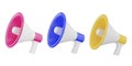 Set-MegaFon 3D illustration display set, megaphone icon, microphone announces communication or alarm, pink, blue, yellow, with cut Royalty Free Stock Photo