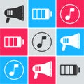 Set Megaphone, Battery charge level indicator and Music note, tone icon. Vector Royalty Free Stock Photo