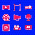 Set Megaphone, Cinema camera, Screen tv with 4k, Director movie chair, Movie spotlight, Film reel, Movie, film, media