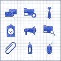 Set Megaphone, Marker pen, Computer mouse, Search concept with folder, Paper clip, Completed task, Tie and Envelope icon