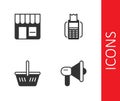 Set Megaphone, Market store, Shopping basket and POS terminal icon. Vector
