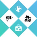 Set Megaphone, Suitcase for travel, The heart world - love and Hippie camper van icon. Vector Royalty Free Stock Photo
