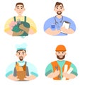 Set of men avatars different professions. Florist, Doctor, Baker and Repairman. Illustration in a flat style