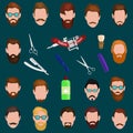 Set of men cartoon hairstyles with beards and mustache. Collection fashionable stylish . Vector illustration