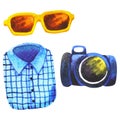 Set men clothes hipster top view watercolor painting hand drawn