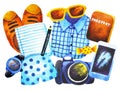 Set men clothes hipster top view watercolor painting hand drawn