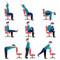 Set of men doing office chair yoga.