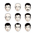 Set of men faces, human heads. Different vector characters like brunet, bald, with whiskers or bearded.