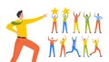 Set Of Men Rejoice With Hands Up, Happy Male Characters Rejoice, Businessman With Star In Hands, Jump, Celebrate Success