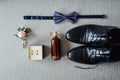 Set of men`s accessories groom wedding day preparation