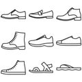 Set of men`s shoes outlined icons in white background