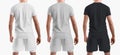 Set of men`s t-shirt and sports shorts mockups with compression undershorts.