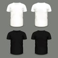 Set of men`s white and black t-shirts in front and back views.