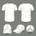 Set of men`s white t-shirt and cap in front and back views. Volumetric vector template.