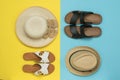 A set of men`s and women`s summer shoes and hats Royalty Free Stock Photo