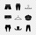 Set Men underpants, Pants, Hanger wardrobe, Man hat, Sport, Clutch bag and icon. Vector