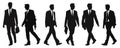 Set of men walking in different poses. Vector illustration of male silhouettes in motion. Man in a business suit takes a