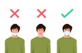 Set of men  wearing medical mask in the wrong way with red cross symbol, one men wearing medical mask properly with   green check Royalty Free Stock Photo