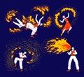 Set of Men and Women Characters Dancing and Juggling with Fire on Stage Performing Talent Show Program