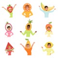 Set of men and women in different fruit hats. Strawberry, orange, banana, pitaya, pineapple, mango, watermelon, pear and