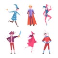 Set of men and women in funny costumes. Adult people dressed as wizard, jester, pirate, prince, superhero cartoon vector Royalty Free Stock Photo