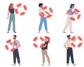 Set of men and women with life preservers in their hands. Help and safety symbol. Lifebuoy in people hand. Support in Royalty Free Stock Photo