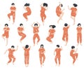 Set of men and women sleeping poses, top view. Hand drawn illustration
