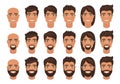 Set of mens avatars with various hairstyle: long or short hair, bald, with beard or without.