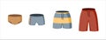 A set of mens underpants and swimming trunks. Striped shorts, boxers and shorts for swimming. Vector illustration in a