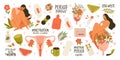 Set of menstruation, period, female uterus, reproductive system stickers. Zero waste objects. Women with flowers