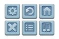 Set menu ui buttons on stone block in comic cartoon style, game design element, interface object isolated on white Royalty Free Stock Photo