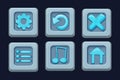 Set menu ui buttons on stone block in comic cartoon style, game design element, interface object isolated on white Royalty Free Stock Photo